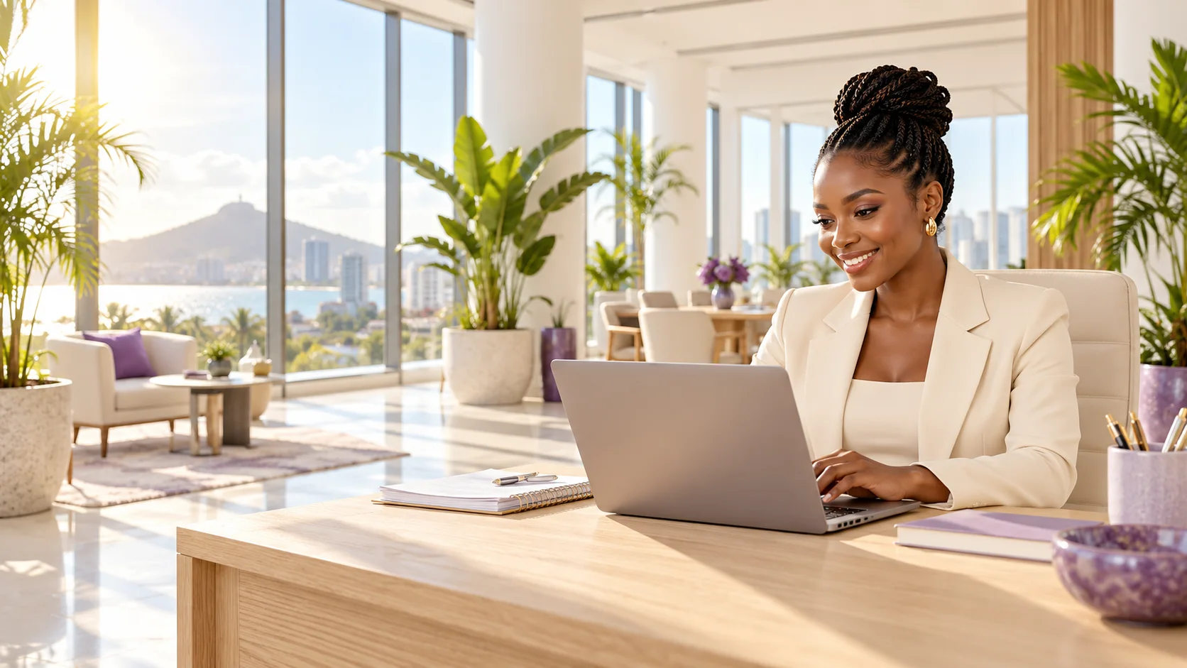 A smiling professional works on a laptop in a sunny office