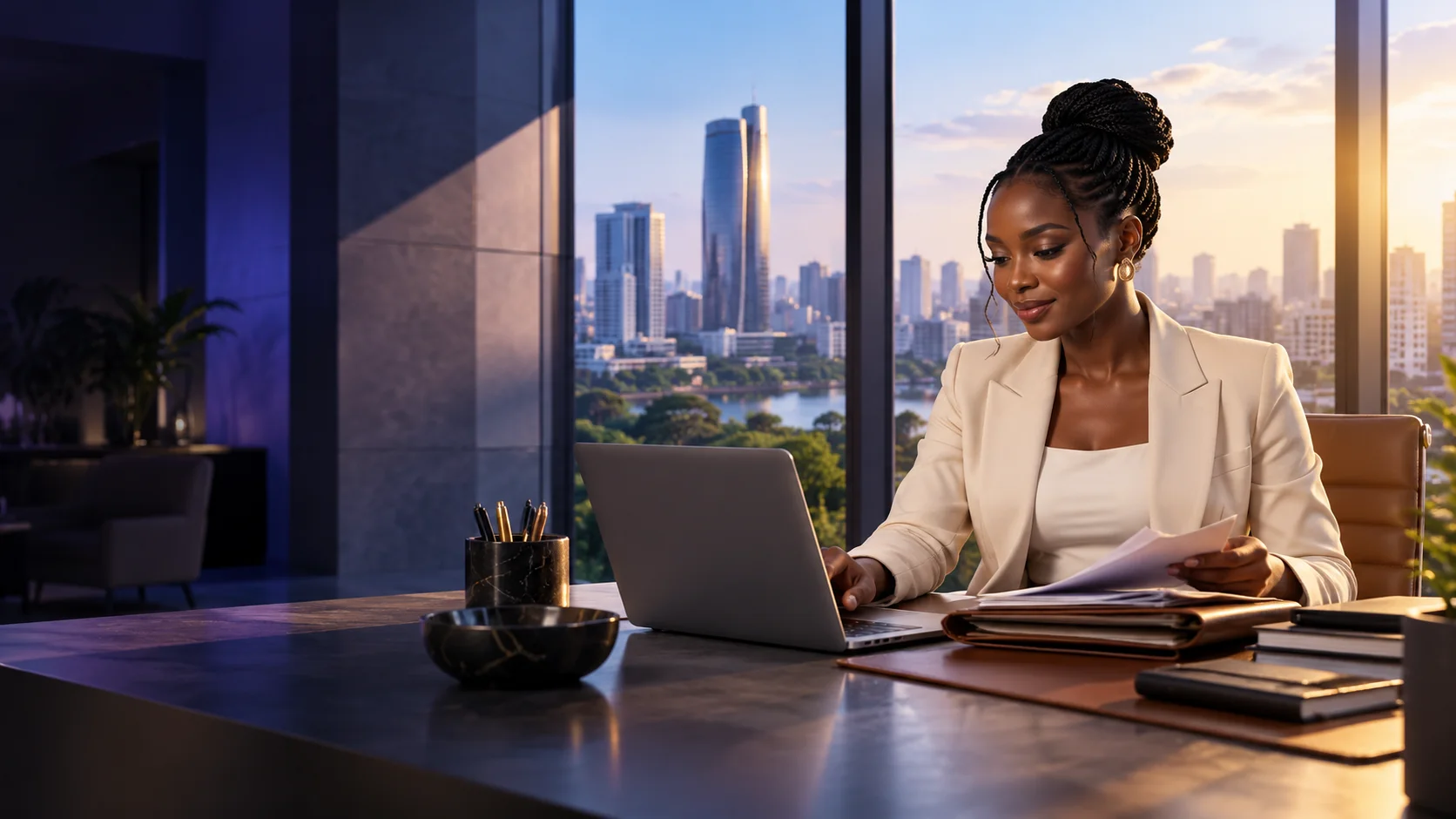 A lawyer works on a file and a laptop at the end of the day