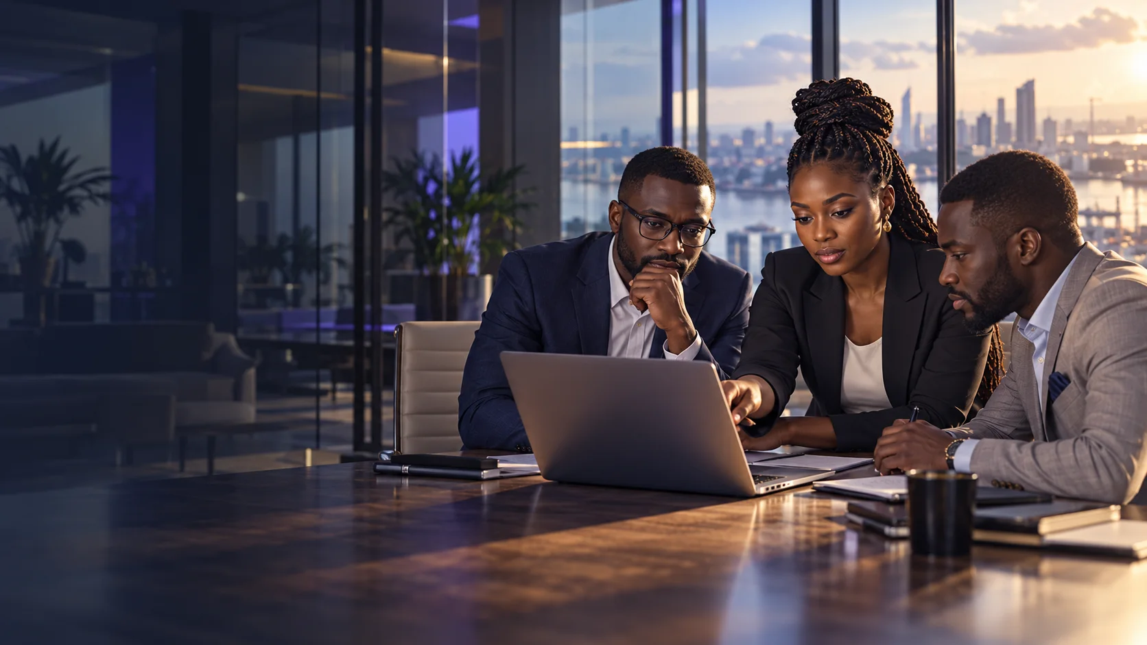 Three colleagues study a file on a laptop around a meeting table